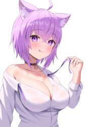 Rule 34 | 1girl, absurdres, animal ear fluff, animal ears, belt collar, black collar, blush, breasts, cat ears, cat girl, cleavage, collar, highres, holding, holding ribbon, hololive, kumoru (kumoru 145), large breasts, looking at viewer, medium hair, naked shirt, neck ribbon, nekomata okayu, nekomata okayu (oversized shirt), official alternate costume, purple eyes, purple hair, purple ribbon, ribbon, shirt, smile, solo, virtual youtuber, white background, white shirt