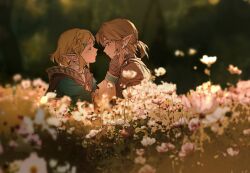 Rule 34 | 1boy, 1girl, absurdres, blonde hair, blue eyes, blush, braid, brown gloves, closed eyes, closed mouth, commentary, crown braid, ear piercing, field, fingerless gloves, flower, flower field, from side, gloves, hair ornament, hairclip, hand on another&#039;s face, highres, imminent kiss, link, long sleeves, looking at another, nintendo, outdoors, piercing, pink flower, pointy ears, princess zelda, profile, short hair, short ponytail, sidelocks, the legend of zelda, the legend of zelda: tears of the kingdom, yuno 11 02