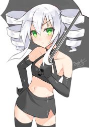 Rule 34 | 1girl, bare shoulders, binato lulu, black gloves, black sister, black skirt, breasts, cowboy shot, crop top, drill hair, facing viewer, flag, flag girl, frown, gekijigen tag: blanc + neptune vs zombie gundan, gloves, green eyes, hand on own hip, highres, leggings, long hair, looking at viewer, navel, nepnep connect: chaos chanpuru, neptune (series), simple background, skirt, small breasts, solo, standing, thighhighs, thighs, tsundere, twin drills, twintails, uni (neptunia), white background, white hair, zettai ryouiki