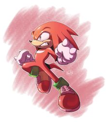 Rule 34 | 1boy, absurdres, artist name, clenched hands, clenched teeth, full body, furry, furry male, green footwear, highres, knuckles the echidna, multicolored footwear, novika, outline, pink eyes, red footwear, red fur, scribble, simple background, solo, sonic (series), tail, teeth, white background, white outline, yellow footwear