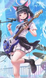 Rule 34 | 1girl, absurdres, animal ears, bass guitar, black choker, black footwear, black hair, black jacket, blue archive, blush, cat ears, choker, clothes around waist, colored inner hair, extra ears, foot out of frame, hair ornament, hairclip, highres, holding, holding instrument, instrument, jacket, jacket around waist, kazusa (band) (blue archive), kazusa (blue archive), microphone, multicolored hair, open mouth, pink hair, pleated skirt, red eyes, revision, shirt, shoes, short hair, short sleeves, skirt, solo, wajuniorbox, white shirt, white skirt