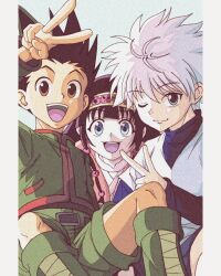 Rule 34 | 1other, 2boys, :d, absurdres, alluka zoldyck, brother and sister, child, enoki (gongindon), gon freecss, highres, hunter x hunter, killua zoldyck, looking at viewer, male focus, multiple boys, one eye closed, open mouth, selfie, shirt, short hair, shorts, siblings, simple background, smile, spiked hair, v