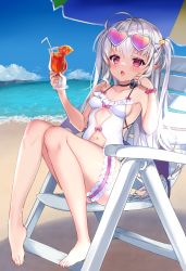 Rule 34 | 1girl, ahoge, bare shoulders, barefoot, beach umbrella, black choker, blue sky, blush, breasts, casual one-piece swimsuit, choker, cloud, collarbone, commentary request, cup, day, eyewear on head, fang, frilled swimsuit, frills, grey-framed eyewear, hair ornament, hands up, heart, heart-shaped eyewear, highres, holding, holding cup, knees up, looking at viewer, motohara moka, navel, on chair, one-piece swimsuit, one side up, open mouth, original, outdoors, pink-tinted eyewear, pointy ears, red eyes, silver hair, sitting, sky, small breasts, solo, star (symbol), star hair ornament, swimsuit, thick thighs, thighs, tinted eyewear, umbrella, water, white one-piece swimsuit