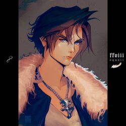 Rule 34 | 1boy, absurdres, black jacket, blue eyes, brown hair, chain necklace, character name, closed mouth, collarbone, earrings, final fantasy, final fantasy viii, fumezu1, fur-trimmed jacket, fur trim, grey background, highres, jacket, jewelry, looking at viewer, male focus, necklace, parted bangs, pillarboxed, portrait, scar, scar on face, scar on forehead, short hair, single earring, solo, squall leonhart, thick eyebrows, white fur