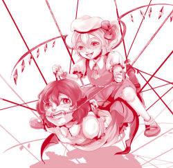 Rule 34 | 2girls, bad id, bad pixiv id, bat wings, bdsm, bondage, bound, fangs, female focus, flandre scarlet, hat, lowres, monochrome, multiple girls, pink theme, ponytail, remilia scarlet, rope, short hair, siblings, side ponytail, sisters, sitting, sitting on person, tatsumi, touhou, wings