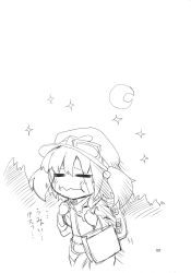 Rule 34 | 1girl, :t, = =, bag, crescent, crying, eating, female focus, goggles, greyscale, hair bobbles, hair ornament, hat, highres, kawashiro nitori, monochrome, moon, morino hon, night, sketch, solo, star (symbol), tears, touhou, translation request, twintails, two side up