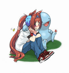Rule 34 | 1girl, air jordan, air jordan 1, animal ears, appleq, blue pants, blush, bracelet, brown hair, bug, butterfly, closed mouth, comforting, commentary request, creatures (company), crossover, daiwa scarlet (umamusume), film grain, from side, game freak, gen 2 pokemon, grass, hair intakes, head rest, highres, horse ears, horse girl, insect, jewelry, long hair, nike (company), nintendo, pants, pokemon, pokemon (creature), quagsire, red eyes, shoes, sitting, sneakers, tearing up, tiara, twintails, umamusume, very long hair, white background