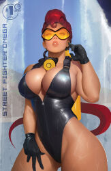 Rule 34 | 1girl, alternate costume, ass, bare legs, bare shoulders, between breasts, black gloves, black one-piece swimsuit, bodysuit, braid, breasts, capcom, cleavage, crimson viper, curvy, dark skin, diving suit, gloves, hair bun, highleg, highleg swimsuit, highres, ickpot, jacket, large breasts, narrow waist, necktie, necktie between breasts, official art, one-piece swimsuit, parted lips, pompadour, red hair, single braid, solo, street fighter, swimsuit, thong one-piece swimsuit, tinted eyewear, title, wet, wetsuit, white gloves, wide hips, yellow-tinted eyewear