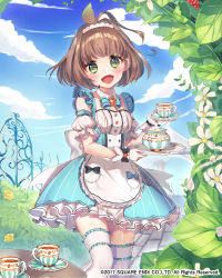 Rule 34 | 1girl, :d, blue dress, blue sky, blush, chano hinano, character request, cup, dated, day, detached sleeves, dress, fence, flower, gate, gloves, green eyes, hedge, highres, holding, holding plate, iron fence, looking at viewer, maid, medium hair, official art, open mouth, outdoors, path, plant, plate, puffy short sleeves, puffy sleeves, road, saucer, short sleeves, sky, smile, table, teacup, teapot, thighhighs, venus rumble, watermark, white gloves, white thighhighs