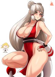 Rule 34 | 1boy, 1girl, bare hips, blonde hair, breasts, brown eyes, chibi, cleavage, cosplay, drooling, fatal fury, forehead tattoo, grey hair, highres, hyrule warriors: age of calamity, impa, japanese clothes, jmg, kimono, large breasts, link, ninja, nintendo, no bra, pelvic curtain, pointy ears, revealing clothes, shiranui mai, shiranui mai (cosplay), sleeveless, sleeveless kimono, the king of fighters, the legend of zelda, the legend of zelda: breath of the wild, thighs, trait connection