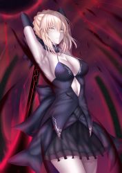 Rule 34 | 1girl, absurdres, arms behind head, artoria pendragon (all), artoria pendragon (fate), black dress, blonde hair, braid, breasts, cleavage, dress, fate/grand order, fate (series), highres, long hair, looking at viewer, penguintake, saber alter, solo, sword, weapon, yellow eyes