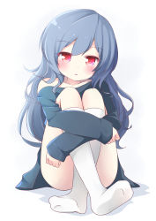 Rule 34 | 1girl, :o, bare shoulders, blue hair, blush, commentary, crossed arms, dot nose, full body, hugging own legs, ikazu401, long hair, long sleeves, no shoes, off shoulder, original, parted lips, red eyes, simple background, sitting, socks, solo, white background, white socks
