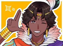 1boy brown_eyes brown_hair circlet dark-skinned_male dark_skin feather_collar feather_trim fire_emblem fire_emblem_engage fogado_(fire_emblem) gold_circlet gold_necklace jewelry kashiwa_e3 looking_at_viewer male_focus necklace nintendo prince short_hair smile star-shaped_pupils star_(symbol) symbol-shaped_pupils very_dark_skin