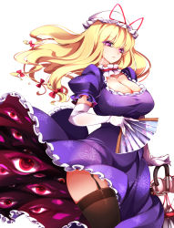 Rule 34 | 1girl, absurdres, animal print, black thighhighs, bow, breasts, butterfly print, cleavage, cowboy shot, dress, elbow gloves, floating hair, folding fan, gloves, hair bow, hand fan, hat, highres, holding, holding fan, large breasts, long hair, mob cap, puffy short sleeves, puffy sleeves, purple dress, purple eyes, raptor7, red bow, short sleeves, simple background, solo, standing, thighhighs, thighs, touhou, umbrella, white background, white gloves, white hat, wide hips, yakumo yukari
