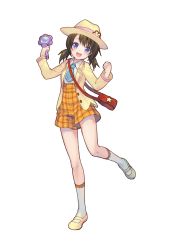 Rule 34 | 10s, 1girl, asada yuuna, brown hair, hat, highres, holding, leg lift, looking at viewer, magnifying glass, necktie, official art, open mouth, plaid, purple eyes, round teeth, shigeru (graphic loops), solo, suspenders, tantei opera milky holmes, teeth, toys drive, twintails, white legwear