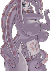 Rule 34 | 1girl, aqua eyes, breasts, cameltoe, female focus, inverted nipples, large breasts, monster girl, nipples, open mouth, panties, sashizume soutarou, simple background, solo, standing, tentacles, topless, underwear, white background, zanburg