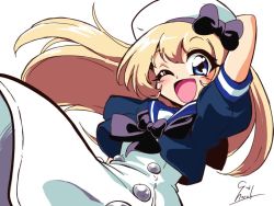 Rule 34 | 1990s (style), 1girl, blonde hair, blue eyes, blue sailor collar, choroli (chorolin), cropped jacket, dress, gloves, hat, jervis (kancolle), kantai collection, looking at viewer, one eye closed, open mouth, parody, retro artstyle, sailor collar, sailor dress, sailor hat, short sleeves, signature, simple background, smile, solo, style parody, white background, white gloves, white hat