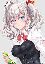 Rule 34 | 1girl, absurdres, blue eyes, blush, bodice, bottle, breasts, corset, cosplay, grey background, hat, highres, kantai collection, kashima (kancolle), large breasts, long hair, long sleeves, looking at viewer, mini hat, necktie, nitamako (sakamalh), open mouth, pola (kancolle), pola (kancolle) (cosplay), shirt, skirt, smile, solo, tilted headwear, twintails, upper body, wavy hair, white shirt, wine bottle