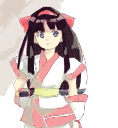 Rule 34 | 1girl, ainu clothes, black hair, blue eyes, breasts, expressionless, fingerless gloves, gloves, hair ribbon, hand on own hip, highres, legs, long hair, looking at viewer, nakoruru, oekaki, pants, ribbon, samurai spirits, small breasts, smile, snk, solo, the king of fighters, thighs, weapon