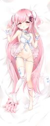Rule 34 | 1girl, absurdres, arms up, babydoll, barefoot, blush, breasts, chill-tiamo, cleavage, dakimakura (medium), earrings, feet, full body, gluteal fold, groin, hair ornament, highres, jewelry, legs, long hair, looking at viewer, lying, medium breasts, navel, on back, open mouth, original, panties, pink eyes, pink hair, see-through, side-tie panties, single thighhigh, solo, thigh gap, thighhighs, unworn thighhighs, thighs, toes, two side up, underwear, underwear only, untied panties, very long hair, white babydoll, white panties, white thighhighs