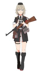 Rule 34 | 1girl, absurdres, armband, bag, belt, black footwear, black necktie, black socks, blue eyes, boots, camera, carrying, closed mouth, commentary request, dress shirt, epaulettes, full body, girls&#039; frontline, gloves, grey hair, grey shirt, grey skirt, gun, hair ornament, hairclip, hat, highres, holding, holding camera, holding gun, holding weapon, insignia, knee boots, korean commentary, light smile, looking at viewer, military, military hat, military uniform, miniskirt, mp41, mp41 (girls&#039; frontline), necktie, pouch, red armband, satchel, shirt, short hair, short sleeves, simple background, skirt, socks, solo, standing, submachine gun, thigh strap, uniform, wani (perfect han), weapon, wehrmacht, white background, white belt, wing collar, wrist cuffs