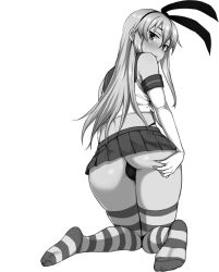 Rule 34 | 1girl, artist request, elbow gloves, feet, female focus, from behind, gloves, kantai collection, long hair, monochrome, no shoes, shimakaze (kancolle), source request, striped clothes, striped thighhighs, tagme, thighhighs, upskirt