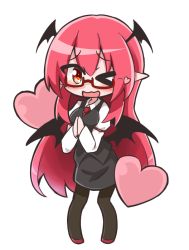 Rule 34 | &gt; o, 1girl, ;3, ;d, bat wings, bespectacled, black pantyhose, blush, chibi, commentary request, dress shirt, full body, glasses, head wings, heart, juliet sleeves, koakuma, long hair, long sleeves, looking at viewer, low wings, necktie, not on shana, one eye closed, open mouth, own hands together, pantyhose, pointy ears, puffy sleeves, red-framed eyewear, red eyes, red hair, red necktie, semi-rimless eyewear, shirt, simple background, skirt, skirt set, smile, solo, standing, touhou, very long hair, vest, white background, white shirt, wings