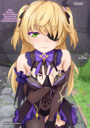 Rule 34 | 1girl, bare shoulders, black dress, black nails, black ribbon, black thighhighs, blonde hair, blush, bow, breasts, bridal gauntlets, closed mouth, commentary, detached sleeves, dress, english text, eyepatch, fischl (genshin impact), garter straps, genshin impact, german text, gloves, green eyes, hair ornament, hair over one eye, hair ribbon, hand on own chest, highres, long hair, looking at viewer, medium breasts, nail polish, outdoors, purple bow, purple neckwear, ribbon, single thighhigh, smile, solo, thighhighs, two side up, vahn yourdoom