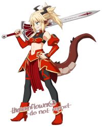 Rule 34 | 1girl, animal ears, black nails, black thighhighs, blonde hair, boots, braid, clarent (fate), colored skin, detached sleeves, dragon, dragon ears, dragon girl, dragon horns, dragon tail, fang, fate/grand order, fate (series), fingernails, french braid, grin, high heel boots, high heels, highres, holding, holding sword, holding weapon, horns, long fingernails, midriff, mordred (fate), neon (theneonflower), over shoulder, pelvic curtain, pointy ears, ponytail, puffy detached sleeves, puffy sleeves, red footwear, red skin, red skirt, red sleeves, sharp fingernails, shirt, skirt, sleeveless, sleeveless shirt, smile, solo, sprite, sword, sword over shoulder, tail, thighhighs, turtleneck shirt, weapon, weapon over shoulder