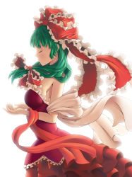 Rule 34 | 1girl, absurdres, adapted costume, backlighting, bare shoulders, breasts, closed eyes, dress, frilled ribbon, frills, front ponytail, green eyes, hair ribbon, highres, kagiyama hina, large breasts, profile, red dress, ribbon, sideboob, simple background, solo, touhou, upper body, white background, zxmpcf