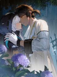 Rule 34 | 1boy, 1girl, absurdres, arknights, blush, braid, brown hair, coat, doctor (arknights), ear piercing, female doctor (arknights), flower, gloves, hair over eyes, hand on another&#039;s shoulder, hetero, highres, hydrangea, imminent kiss, long hair, long sleeves, orange eyes, outdoors, parted bangs, piercing, rain, short ponytail, silver hair, softkittywarmkitty, sparkle, thorns (arknights), upper body, white coat, white gloves
