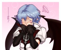 Rule 34 | 1girl, adapted costume, bat wings, blue hair, blush, closed eyes, commentary request, detached sleeves, gradient background, hands on own face, highres, mattyakinako (odango imomushi), pink background, pointy ears, remilia day, remilia scarlet, short hair, short sleeves, solo, squiggle, touhou, upper body, wings