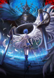 Rule 34 | 1girl, angel wings, back, blue hair, cape, epic, fate/stay night, fate (series), feathers, from behind, grief seed, highres, magical girl, mahou shoujo madoka magica, mahou shoujo madoka magica (anime), miki sayaka, oktavia von seckendorff, parody, saber 01, single wing, solo, spoilers, sword, thighhighs, unlimited blade works (fate), weapon, white thighhighs, wings