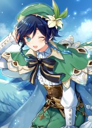 Rule 34 | 1boy, black hair, blue hair, blush, bow, braid, cape, cloud, cloudy sky, day, dvalin (genshin impact), feathers, flower, frilled sleeves, frills, gem, genshin impact, gradient hair, green eyes, green hat, hair flower, hair ornament, hand on own head, hat, highres, jewelry, leaf, light particles, long sleeves, looking at viewer, male focus, multicolored hair, one eye closed, open mouth, outdoors, pinwheel, ribbon, sky, smile, solo, sparkle, tamano mayo, twin braids, venti (genshin impact), vision (genshin impact), white flower