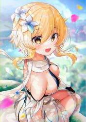 Rule 34 | 1girl, :d, bare shoulders, black gloves, blonde hair, blurry, blurry background, blush, breasts, commentary request, depth of field, detached sleeves, dress, flower, genshin impact, gloves, gyozanuko, hair flower, hair ornament, highres, long hair, looking at viewer, looking to the side, lumine (genshin impact), medium breasts, open mouth, partially fingerless gloves, petals, sitting, smile, solo, thighhighs, white dress, white flower, white sleeves, white thighhighs, yellow eyes