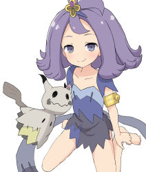 Rule 34 | 1girl, acerola (pokemon), armlet, barefoot, closed mouth, commentary request, creatures (company), dress, elite four, feet, flipped hair, game freak, gen 7 pokemon, hair ornament, highres, mimikyu, multicolored clothes, multicolored dress, nintendo, parted bangs, pokemon, pokemon (anime), pokemon (creature), pokemon sm (anime), purple eyes, purple hair, short hair, simple background, sitting, smile, solo, stitches, trial captain, white background, yakihebi