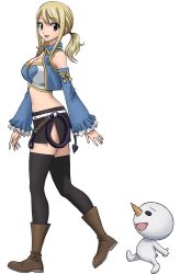 Rule 34 | 1girl, absurdres, blonde hair, boots, breasts, brown eyes, brown footwear, cleavage, cropped jacket, detached sleeves, fairy tail, full body, highres, large breasts, long hair, looking at viewer, lucy heartfilia, midriff, official art, open mouth, pencil skirt, plue, rave, side slit, sidelocks, simple background, skirt, thighhighs, twintails, whip, white background