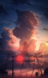 Rule 34 | 1girl, absurdres, arm up, cloud, cloudy sky, commentary request, from behind, highres, holding, long sleeves, original, outdoors, power lines, scenery, short hair, sign, sitting, sky, skyrick9413, solo, sunset, traffic light