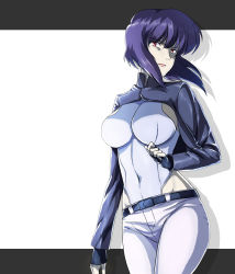 Rule 34 | 1girl, belt, black gloves, black jacket, breasts, covered navel, cropped jacket, fingerless gloves, ghost in the shell, ghost in the shell stand alone complex, gloves, highleg, highleg leotard, highres, jacket, kusanagi motoko, large breasts, leotard, long sleeves, looking at viewer, pants, pink lips, purple hair, red eyes, riichi (rouchi), short hair, solo, white leotard, white pants