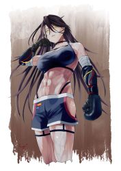 Rule 34 | 1girl, abs, absurdres, bandaged arm, bandages, boxing gloves, breasts, brown hair, commentary, cowboy shot, cropped legs, dark-skinned female, dark skin, girls&#039; frontline, girls&#039; frontline neural cloud, hair between eyes, highres, large breasts, long hair, looking at viewer, magnhilda (neural cloud), mechanical arms, muscular, muscular female, open mouth, shorts, sports bra, sugac, sweat, yellow eyes