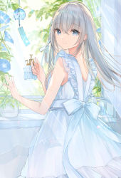 Rule 34 | 1girl, back bow, blue eyes, blue flower, bow, braid, closed mouth, dress, flower, grey hair, hair between eyes, hair ribbon, highres, holding, long hair, looking at viewer, looking back, mochitsuki usa, original, resolution mismatch, ribbon, single braid, sleeveless, sleeveless dress, smile, solo, source smaller, standing, sundress, sunlight, white bow, white dress, white ribbon, wind chime