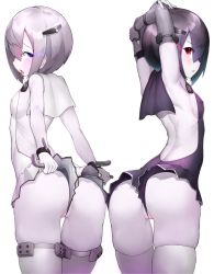 Rule 34 | 10s, 2girls, absurdres, abyssal ship, abyssal twin princess (black), arched back, armpits, arms behind head, ass, backless outfit, bad id, bad nicoseiga id, black dress, black hair, blue eyes, blush, boruhis, breasts, clothes pull, covered erect nipples, cowboy shot, dress, dress pull, elbow gloves, from behind, frontal wedgie, gloves, glowing, glowing eyes, hair between eyes, hair ornament, highres, kantai collection, looking at viewer, multiple girls, nail polish, night strait princess (white), open mouth, partially visible vulva, pussy, red eyes, short hair, short shorts, shorts, sideboob, skindentation, sleeveless, sleeveless dress, small breasts, thighs, tongue, tongue out, wedgie, white dress, white hair
