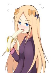 Rule 34 | 1girl, abigail williams (fate), absurdres, banana, black bow, blonde hair, blue eyes, blush, bow, commentary request, fate/grand order, fate (series), flying sweatdrops, food, forehead, fruit, hair bow, highres, holding, holding food, long hair, long sleeves, looking at viewer, mitchi, nose blush, open mouth, orange bow, parted bangs, purple shirt, shirt, simple background, solo, sweat, tongue, tongue out, upper body, very long hair, white background