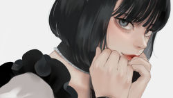 Rule 34 | 1girl, antera (emi), apron, bad id, bad twitter id, black choker, black hair, blue eyes, blunt bangs, choker, close-up, closed mouth, commentary request, eyeshadow, frilled choker, frills, hands on own face, highres, looking at viewer, maid apron, makeup, original, portrait, red lips, short hair, sideways, simple background, smile, solo, white background