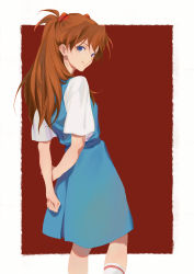 Rule 34 | 1girl, absurdres, arm grab, arms behind back, blue eyes, border, from behind, highres, interface headset, long hair, looking at viewer, neon genesis evangelion, outside border, ponytail, red background, red hair, school uniform, sei ( mo1008), skirt, smile, solo, souryuu asuka langley, suspender skirt, suspenders, tokyo-3 middle school uniform, white border