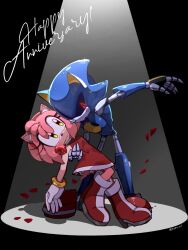 Rule 34 | amy rose, animal ears, anniversary, armor, blue armor, boots, dress, fake animal ears, flower, furry, furry female, gloves, glowing, glowing eyes, gold bracelet, green eyes, hairband, hedgehog, hedgehog ears, hedgehog girl, hedgehog tail, highres, kumo zd, mechanical arms, mechanical legs, metal sonic, non-humanoid robot, petals, pink fur, pointy nose, red dress, red eyes, red flower, red footwear, red hairband, red rose, robot, robot animal, rose, rose petals, sonic (series), tail, white gloves