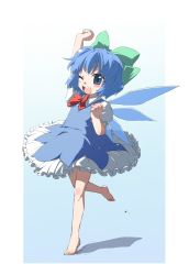 Rule 34 | 1girl, arm up, barefoot, blue hair, cirno, colorized, feet, full body, highres, kiriu, oka (bananashoe), one eye closed, outstretched arm, plantar flexion, ribbon, sketch, solo, standing, standing on one leg, stretching, touhou, touhou hisoutensoku, wink
