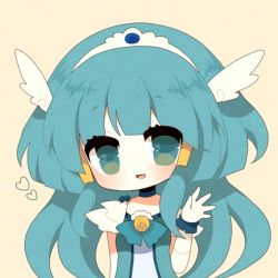 Rule 34 | 10s, 1girl, aoki reika, aqua eyes, aqua hair, bad id, bad pixiv id, bow, bowtie, brooch, choker, cure beauty, hair ornament, hair tubes, haru (kyou), head wings, heart, jewelry, long hair, looking at viewer, lowres, magical girl, open mouth, precure, simple background, smile, smile precure!, solo, tiara, waving, wings, wrist cuffs, yellow background