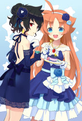 Rule 34 | 2girls, ahase hino, ahiru (princess tutu), ahoge, alternate costume, alternate hairstyle, black bow, blue bow, blue dress, blue eyes, bow, cake, cup, dress, dress flower, earrings, eating, elbow gloves, flower, food, food on face, fork, gloves, hair flower, hair ornament, hairband, highres, holding, holding cup, jewelry, long hair, looking at viewer, multiple girls, necklace, orange hair, princess tutu, rue (princess tutu), short hair, standing, very long hair, white gloves