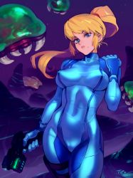 Rule 34 | 1girl, artist name, blonde hair, blue eyes, bodysuit, breasts, breasts apart, covered erect nipples, covered navel, fangs, gun, looking at viewer, metroid, metroid (creature), mole, mole under mouth, nintendo, no bra, optionaltypo, ponytail, samus aran, solo, spacecraft, weapon, zero suit
